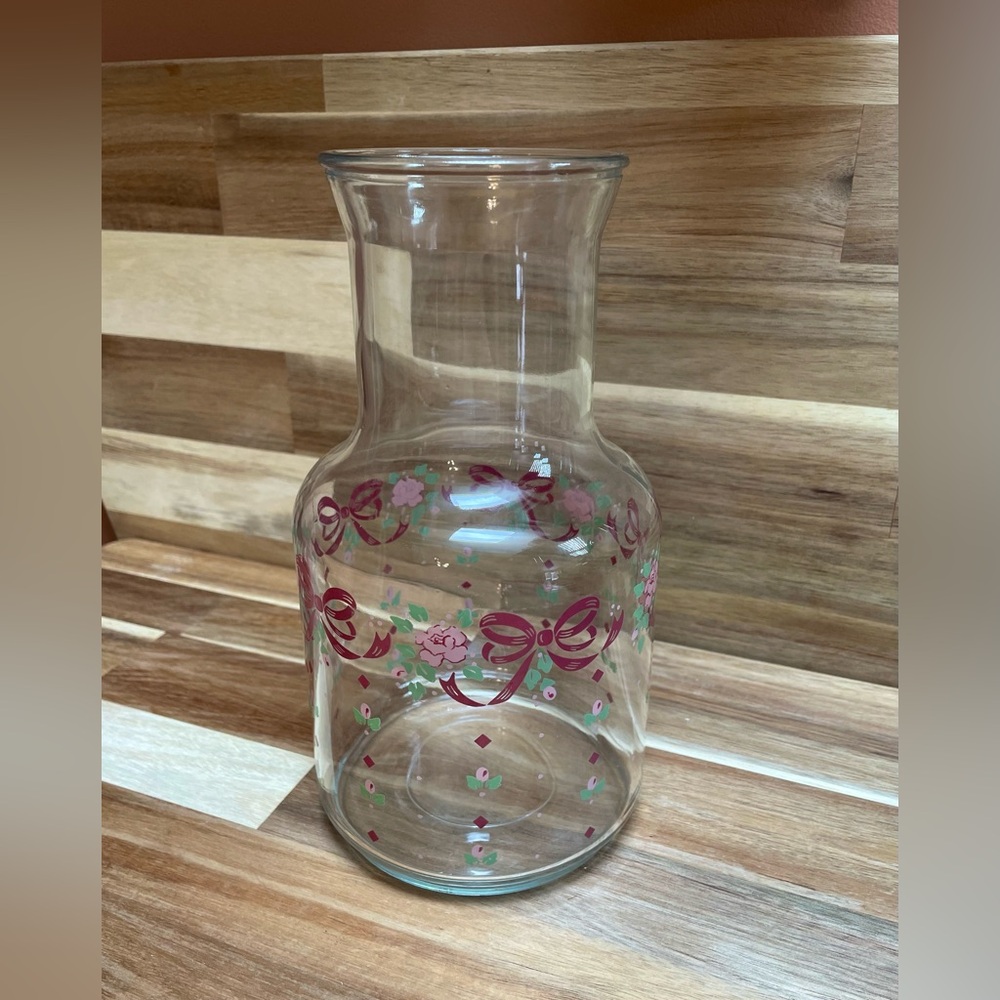 Vintage Glass Carafe With Ribbon Bows & Roses 90's Pitcher